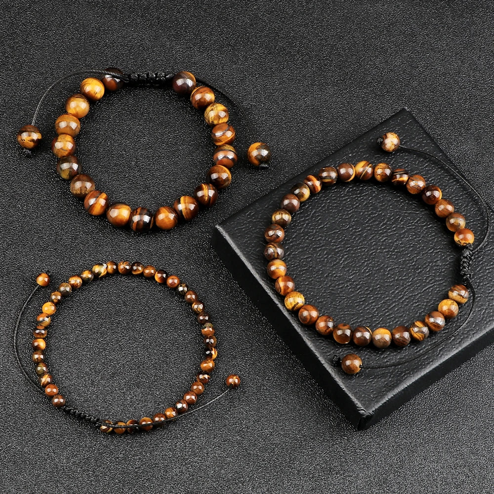 Natural Tiger Eye Stone Bracelet Round Beads Braided String Bracelets