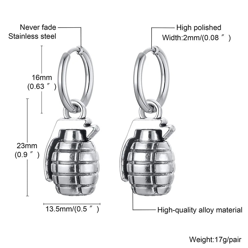 Fun Grenade Shaped Earrings for Men Stainless Steel Hoop Earring