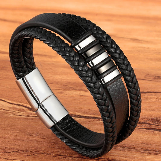 Fashion Stainless Steel Charm Magnetic Mens Leather Bracelet