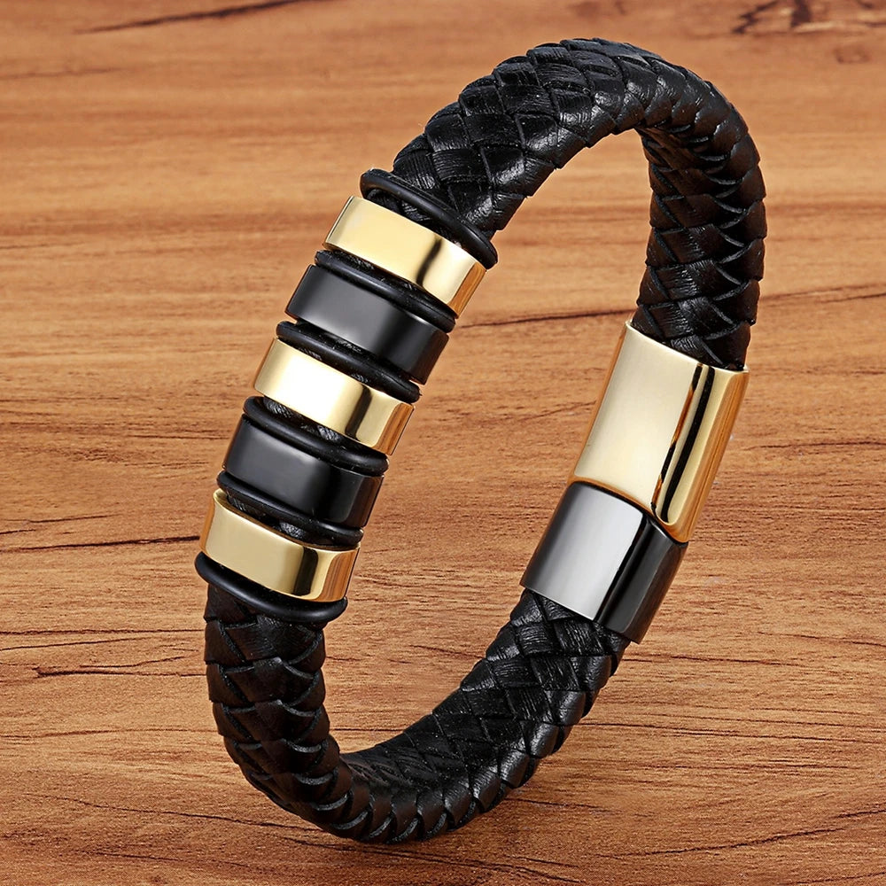 Luxury Braided Rope Leather Stainless Steel Mens Bracelet