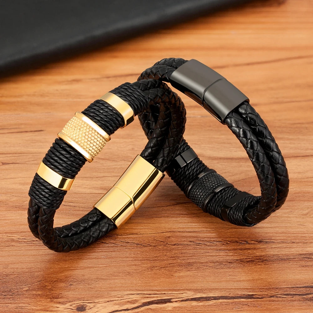 Woven Leather Rope Wrap Stainless Steel Mens Leather Bracelet