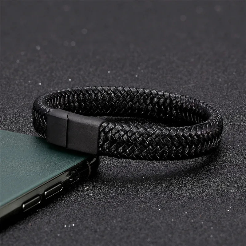 Punk Mens Leather Bracelet Magnetic Clasp Braided Woven Bangle