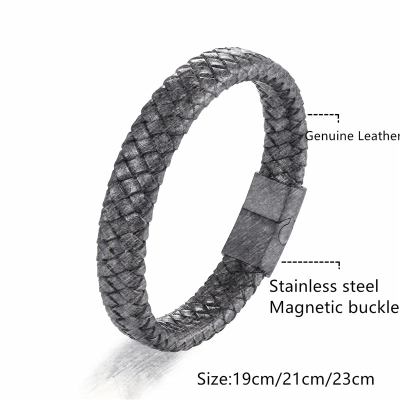 Mens Leather Bracelet Titanium Rope Steel Magnetic Clasp Bracelets