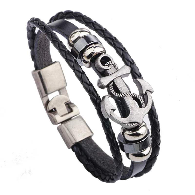 Trendy Multilayer Leather Braided Bracelets Anchor Viking Mens Bracelet