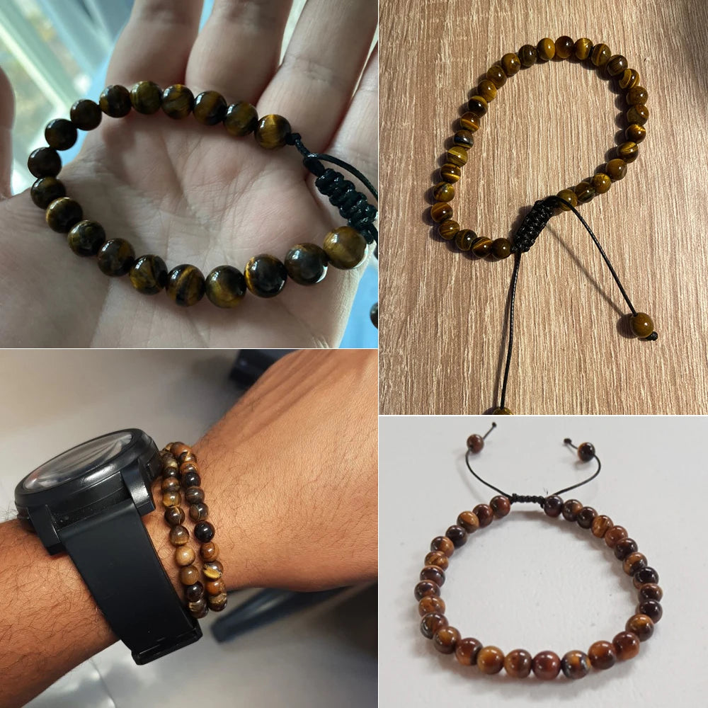 Natural Tiger Eye Stone Bracelet Round Beads Braided String Bracelets