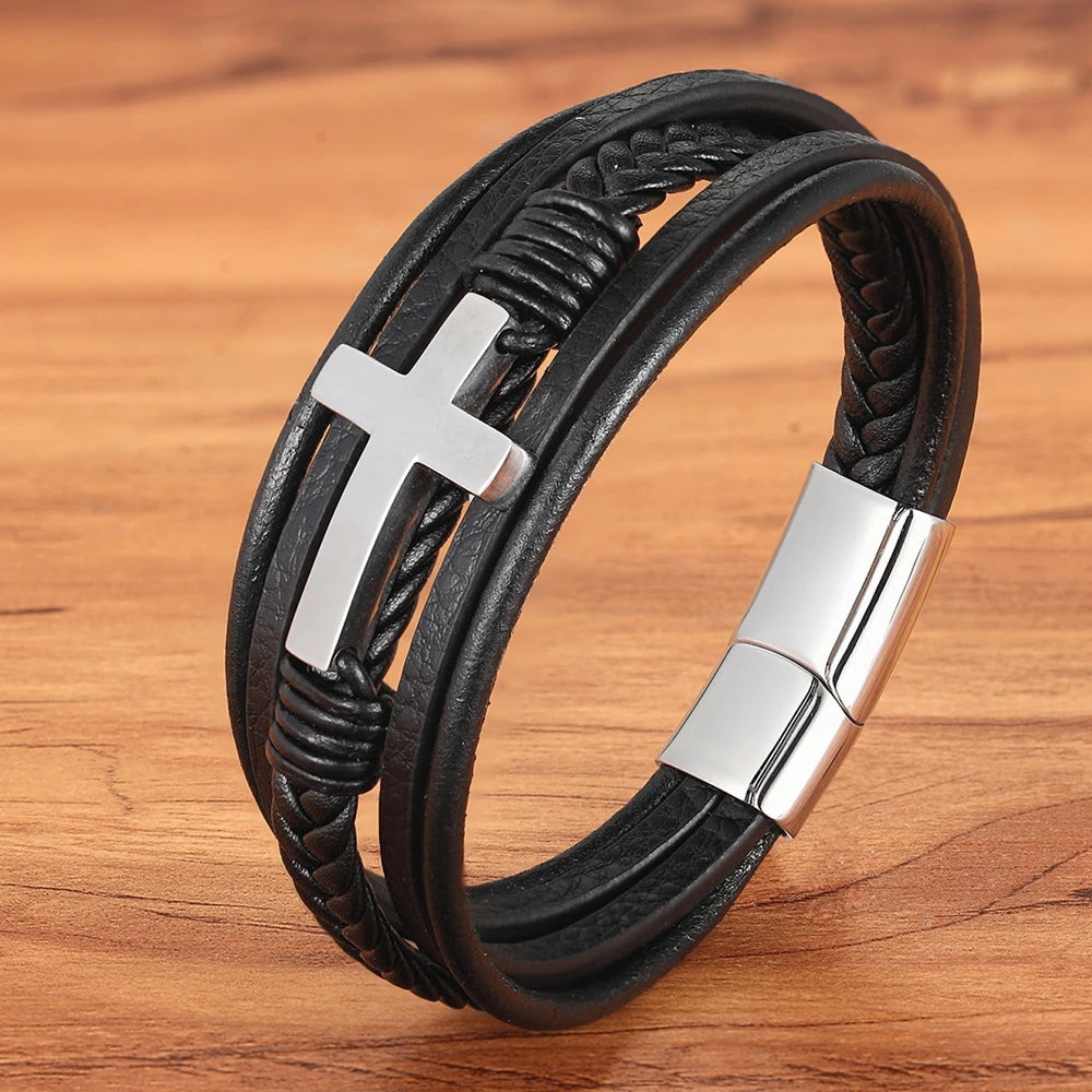 Multicolor Cross Design Classic Stainless Steel Mens Leather Bracelet