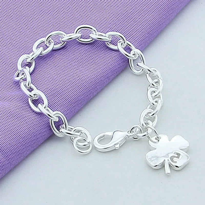 925 Sterling Silver Clover Leaves Lucky Number 5 Womens Bracelet 20cm Chain