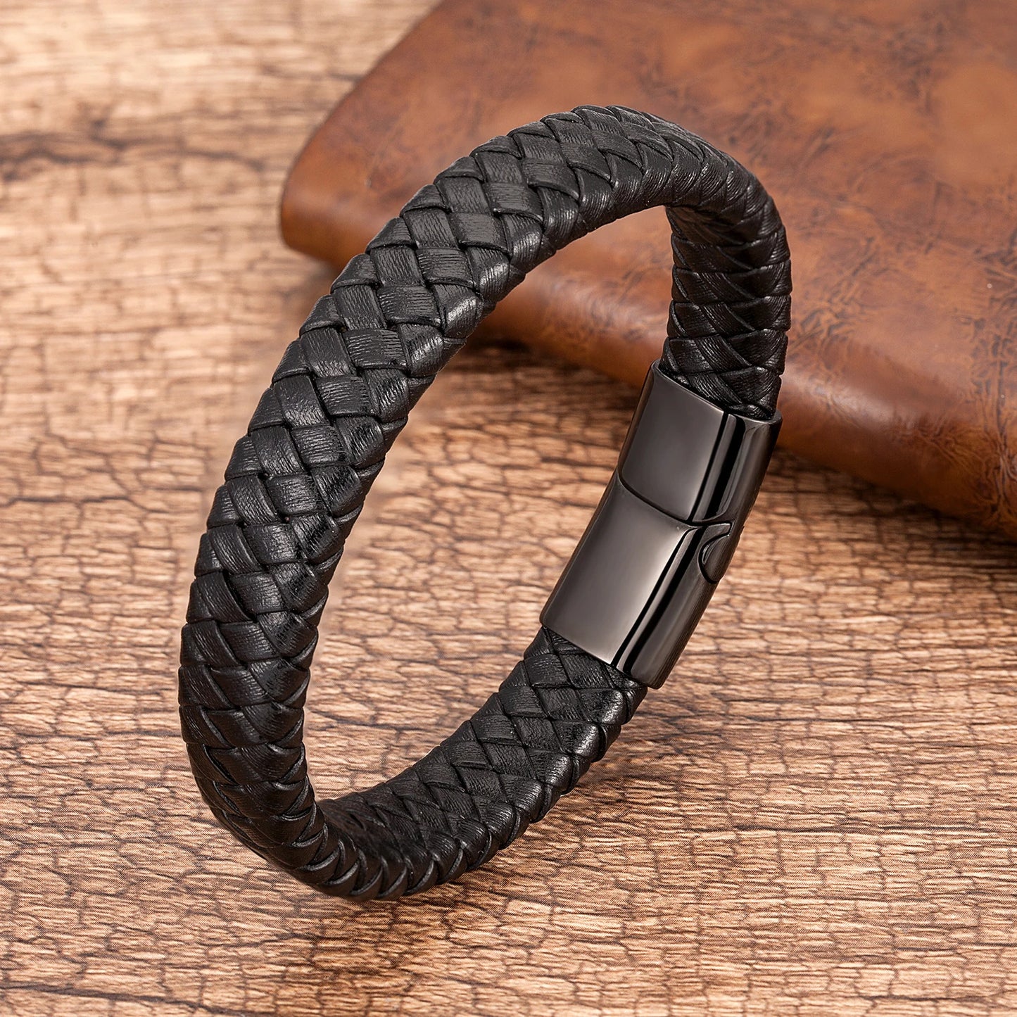 Mens Braided Leather Bracelet Stainless Steel Magnetic Clasp