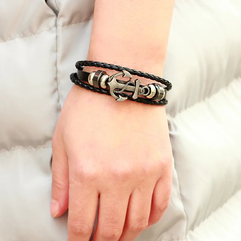 Trendy Multilayer Leather Braided Bracelets Anchor Viking Mens Bracelet