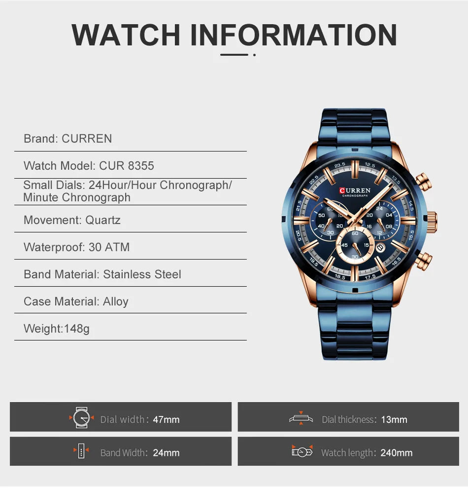 Luxury Sports Quartz Mens Watch Waterproof Chronograph Wristwatch