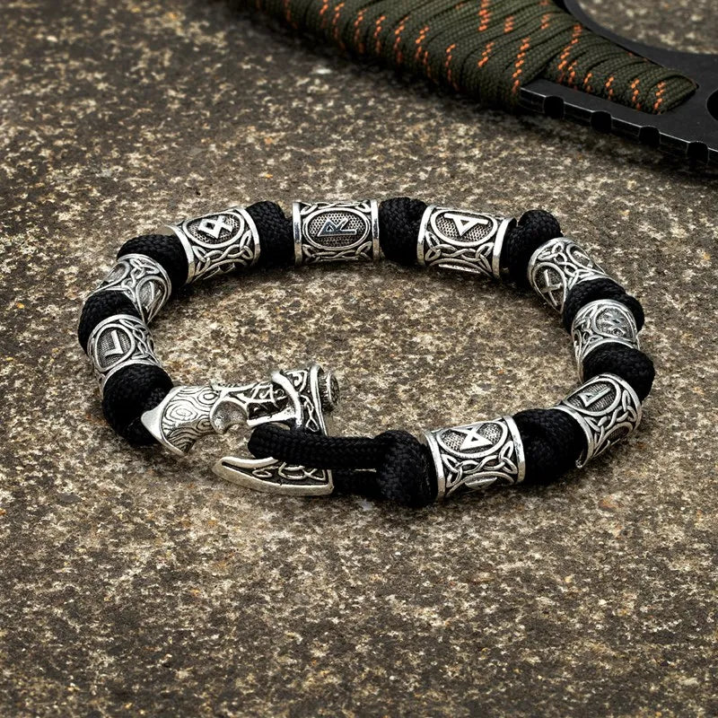 Men Viking Celtic Rune Beads Axe Bracelet Handmade Woven Norse Amulet