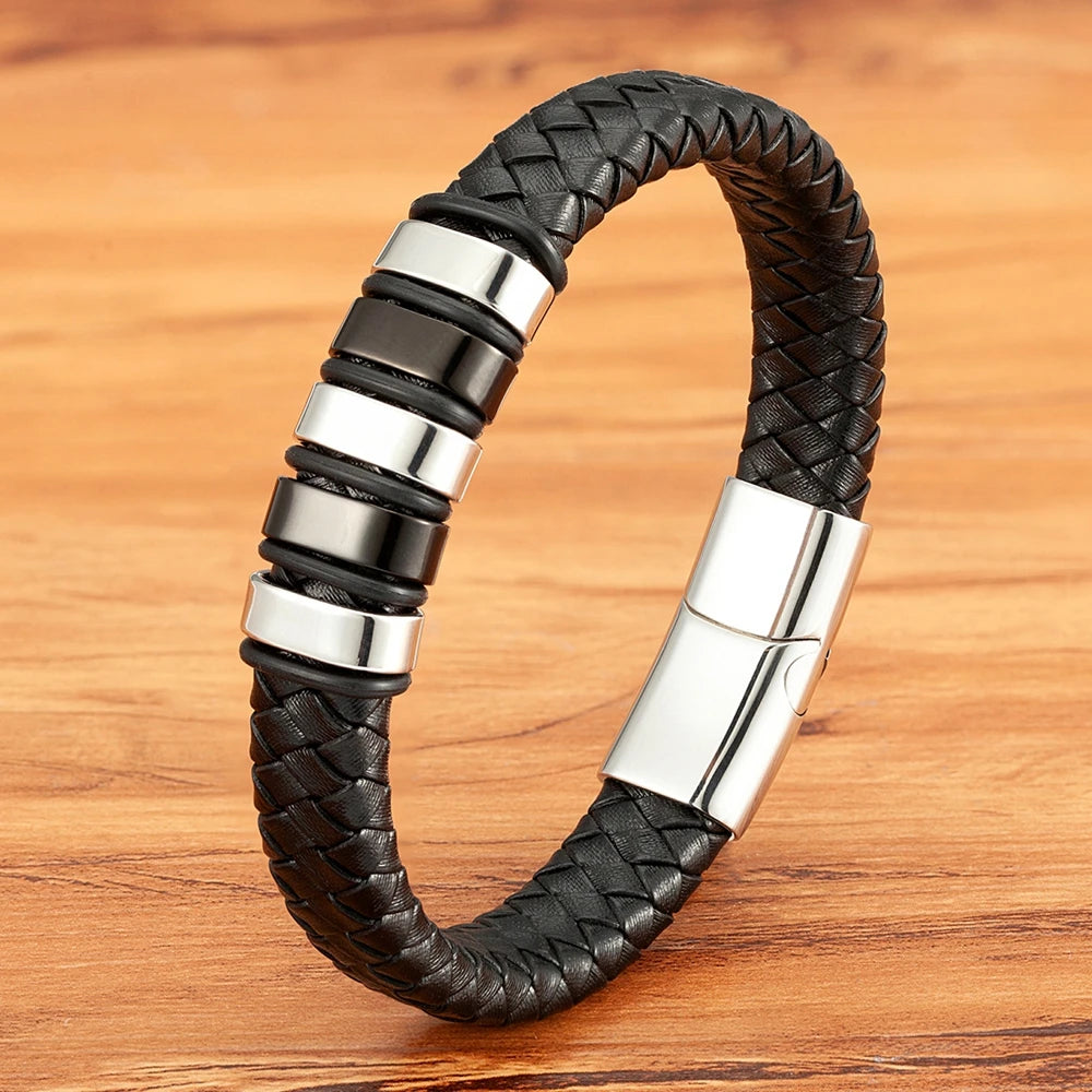 Luxury Braided Rope Leather Stainless Steel Mens Bracelet