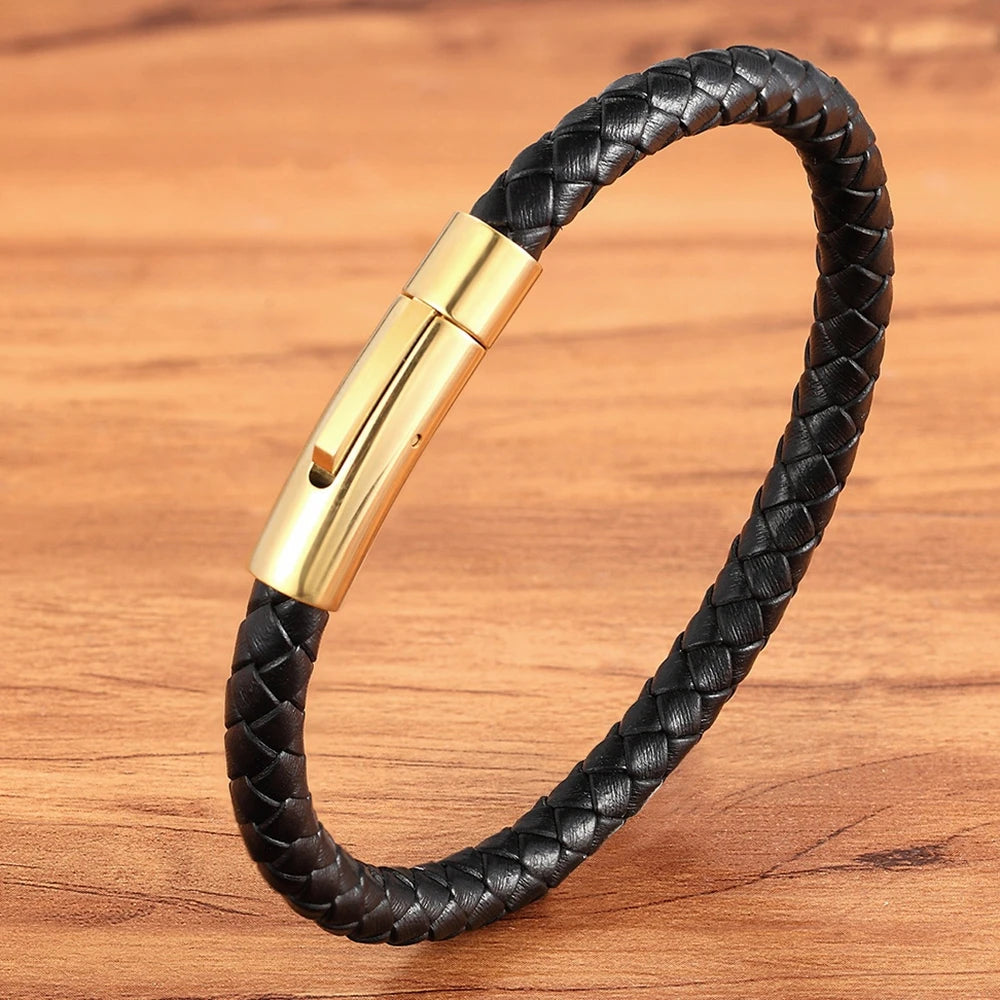 Stainless Steel Button Simple Design Mens Leather Bracelet