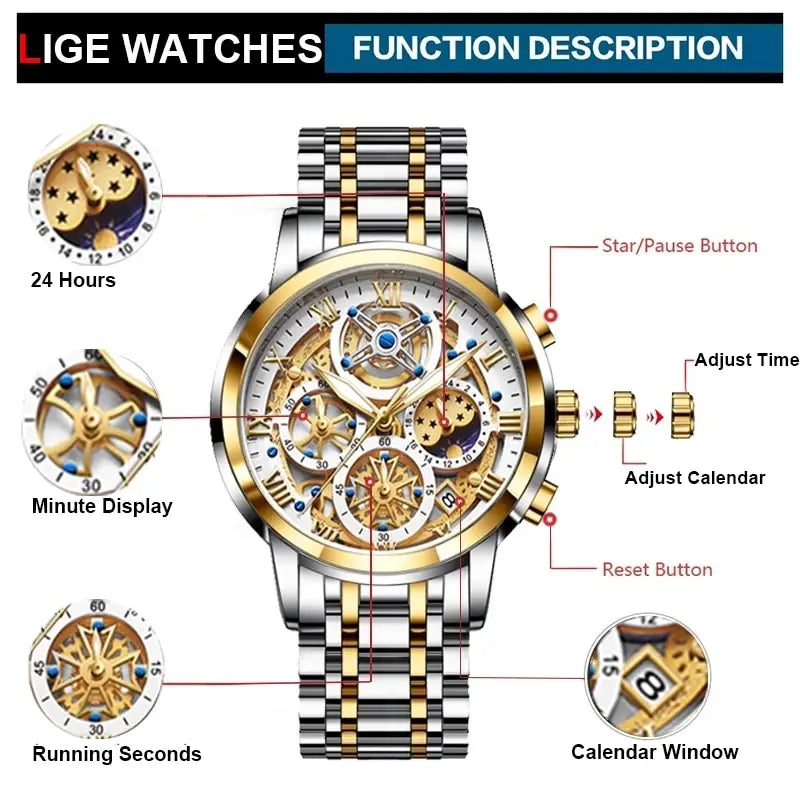 Mens Quartz Watch Waterproof Chronograph Military Wristwatch