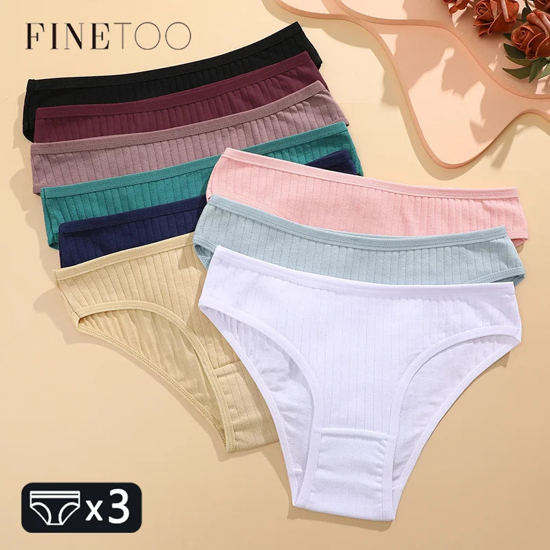 3pcs Cotton Panties Soft Striped Underpants Sexy Solid Color Briefs