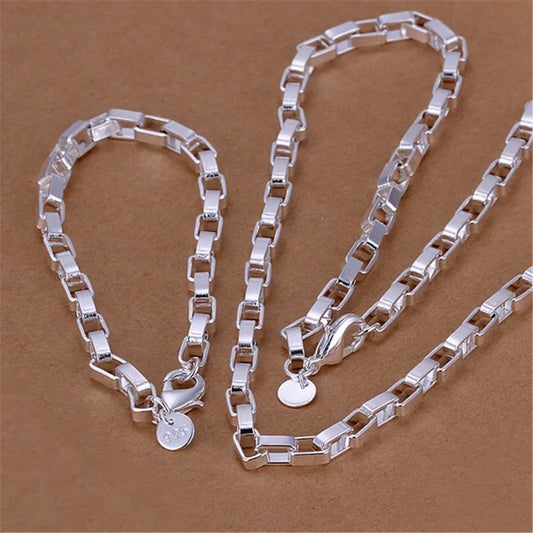 925 Sterling Silver 5MM Long Box Men Chain Bracelets Necklace Set