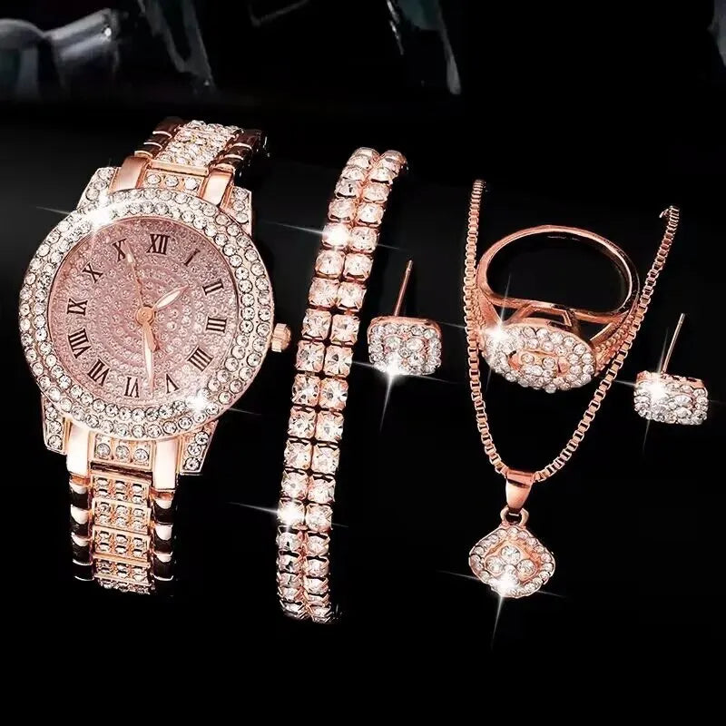 Womens Ring Necklace Earrings Bracelet Rhinestone Watch Set