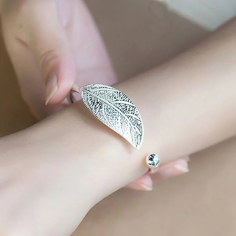 925 Sterling Silver Woman Cuff Bracelet Open Leaf Shaped Adjustable