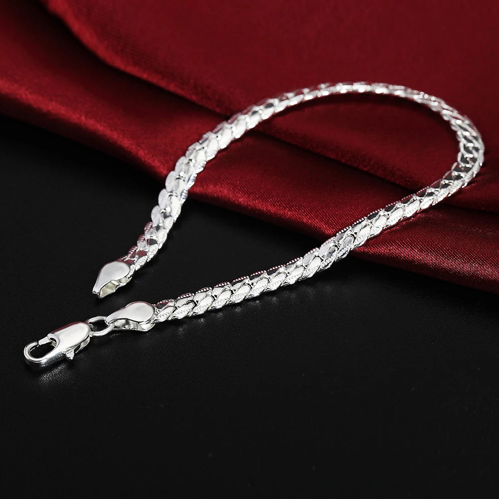 925 Sterling Silver 6mm Full Necklace Bracelet For Women Men Link Chain Set