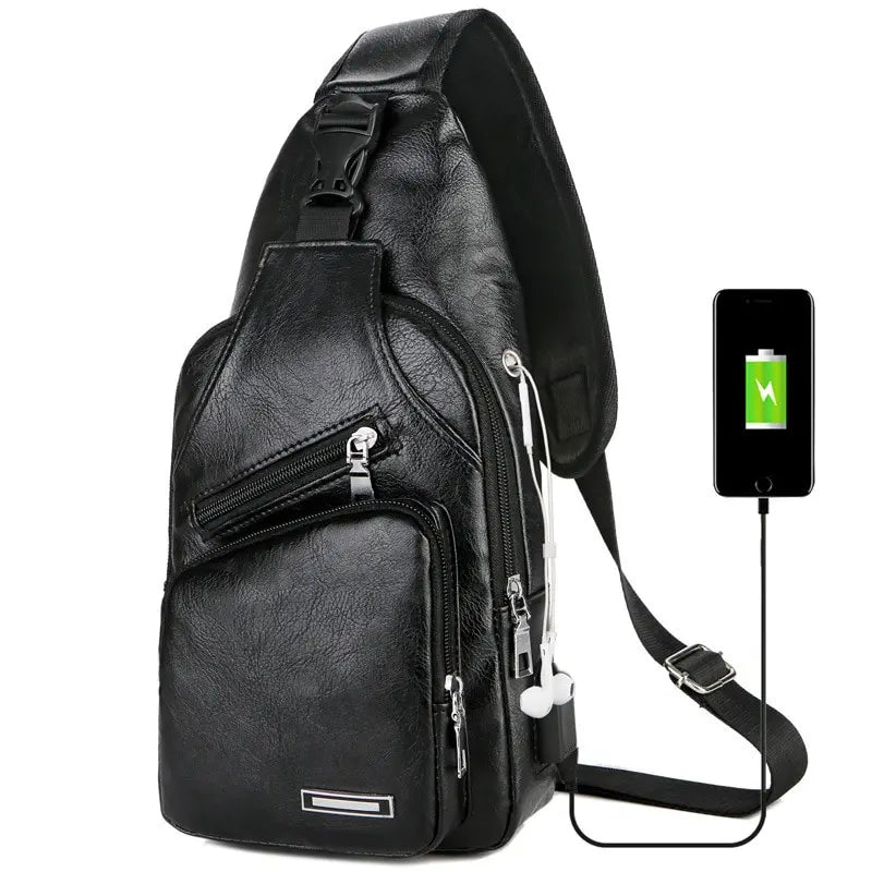 USB Charging Chest Bag Headset Hole Mens Crossbody