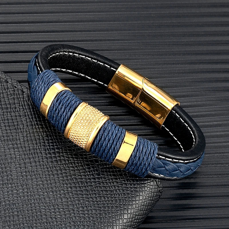 Punk Men Braided Leather Stainless Steel Magnetic Buckle Bracelet