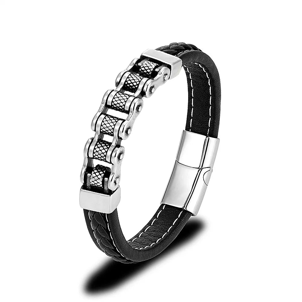 Punk Men Biker Chain Braided Leather Bracelet Stainless Steel Magnetic Buckle