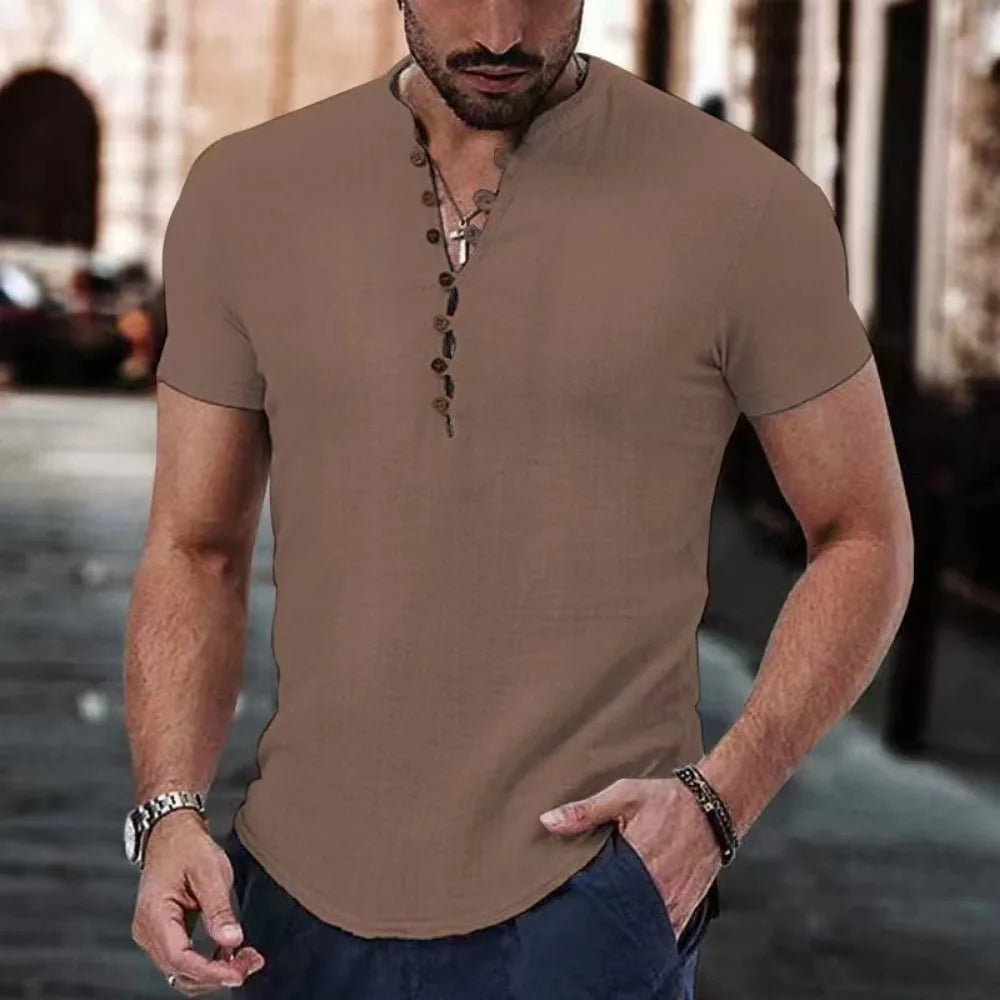 Mens Short Sleeve T Shirts V Neck Button Cotton Linen Shirt Casual