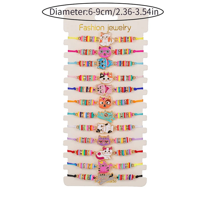 12pcs Cute Cat Rope Rainbow Unicorn Charm Girls Kids Bracelets