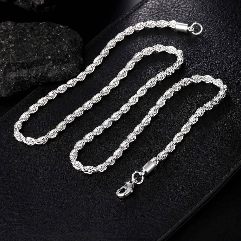 925 Silver 4mm Womens Mens Chain Twisted Rope Necklace Bracelets Set