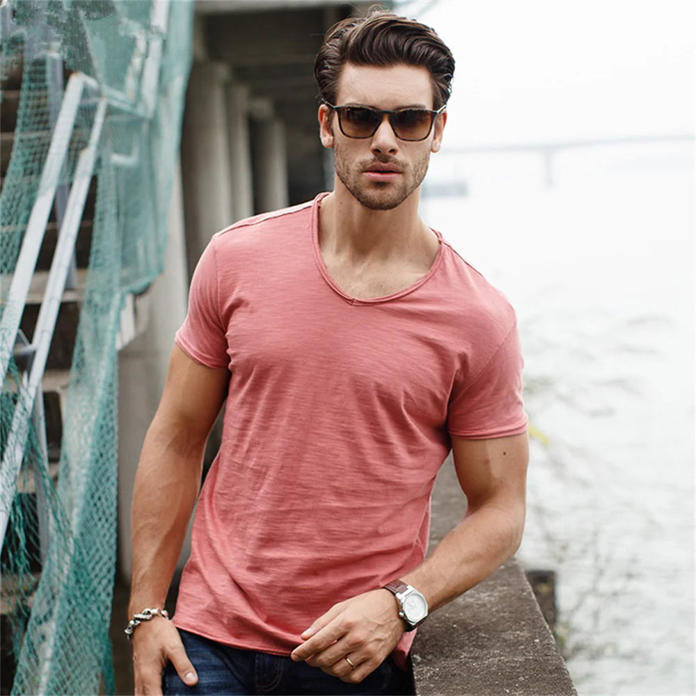 Cotton Mens T-shirt V neck Slim Fit Tops Tees Short Sleeve T Shirt