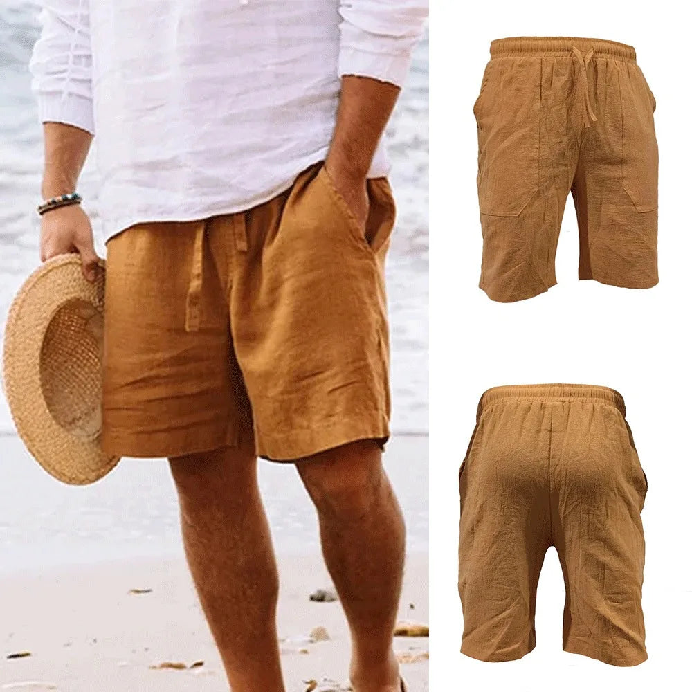 Summer Mens Cotton Linen Sports Casual Shorts Drawstring Breathable