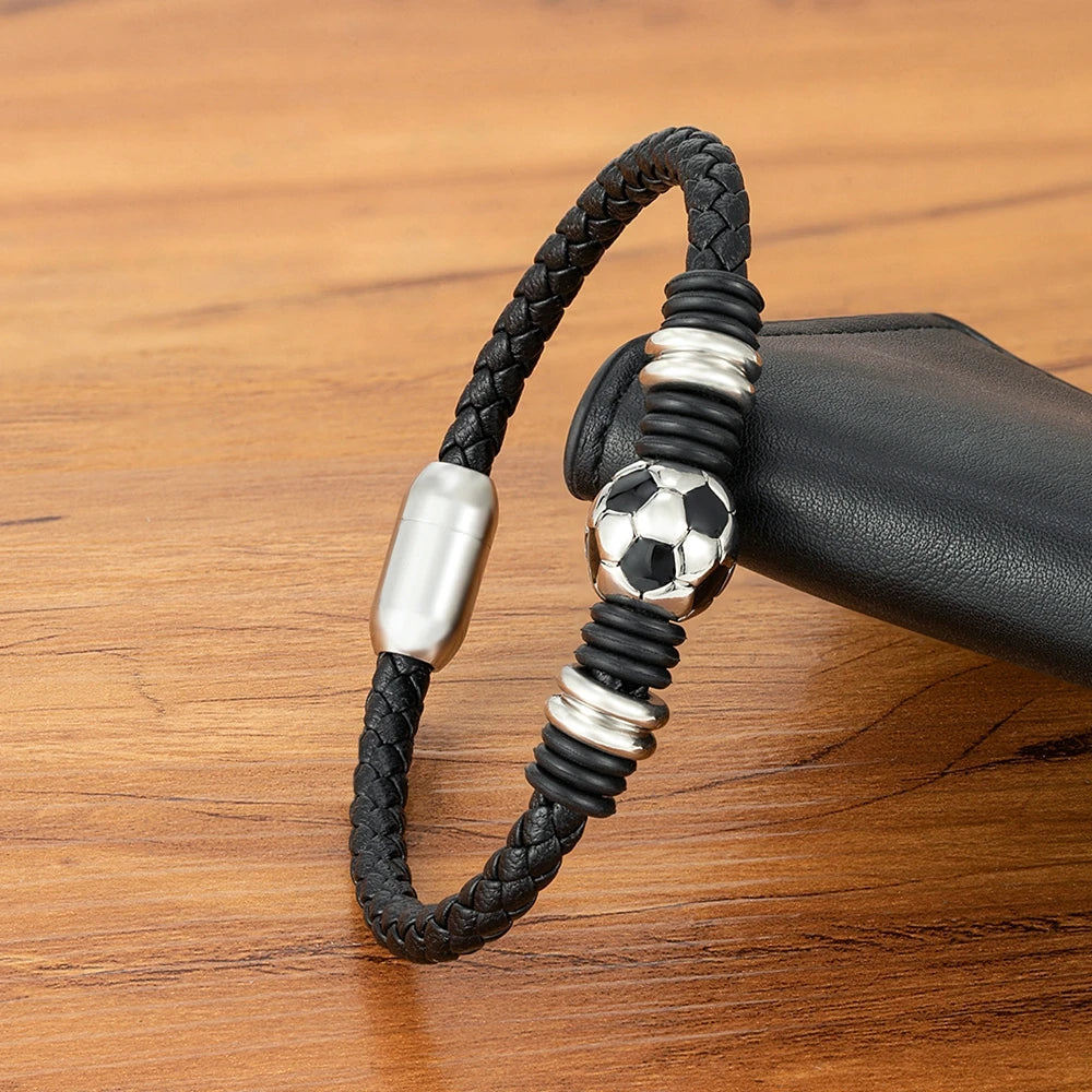 Mens Stainless Steel Button Football Ball Charm Leather Bracelet