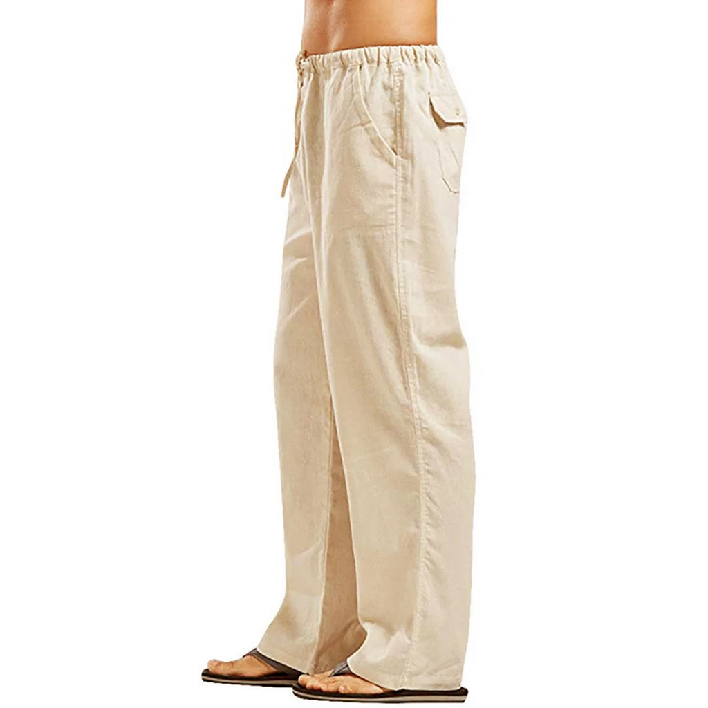 Mens Cotton Linen Pants Loose Cool Casual Elastic Waist Long Trousers