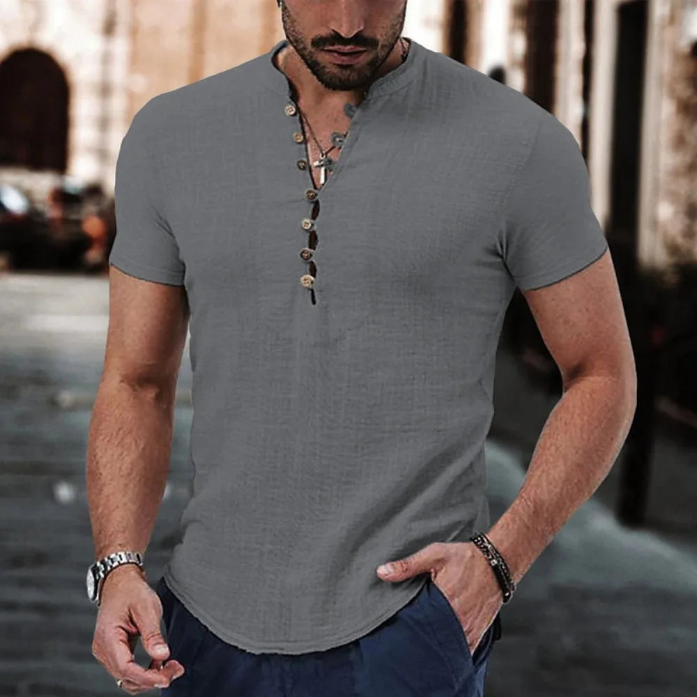 Mens Short Sleeve T Shirts V Neck Button Cotton Linen Shirt Casual