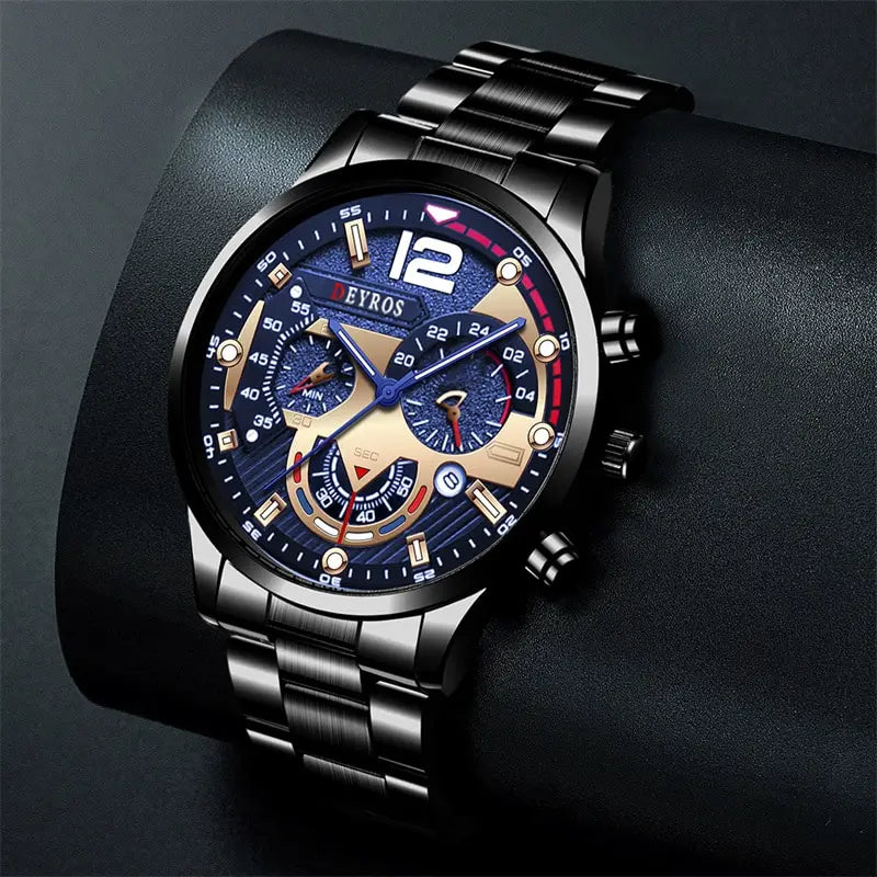 Mens Stainless Steel Watch Quartz Wristwatch Calendar