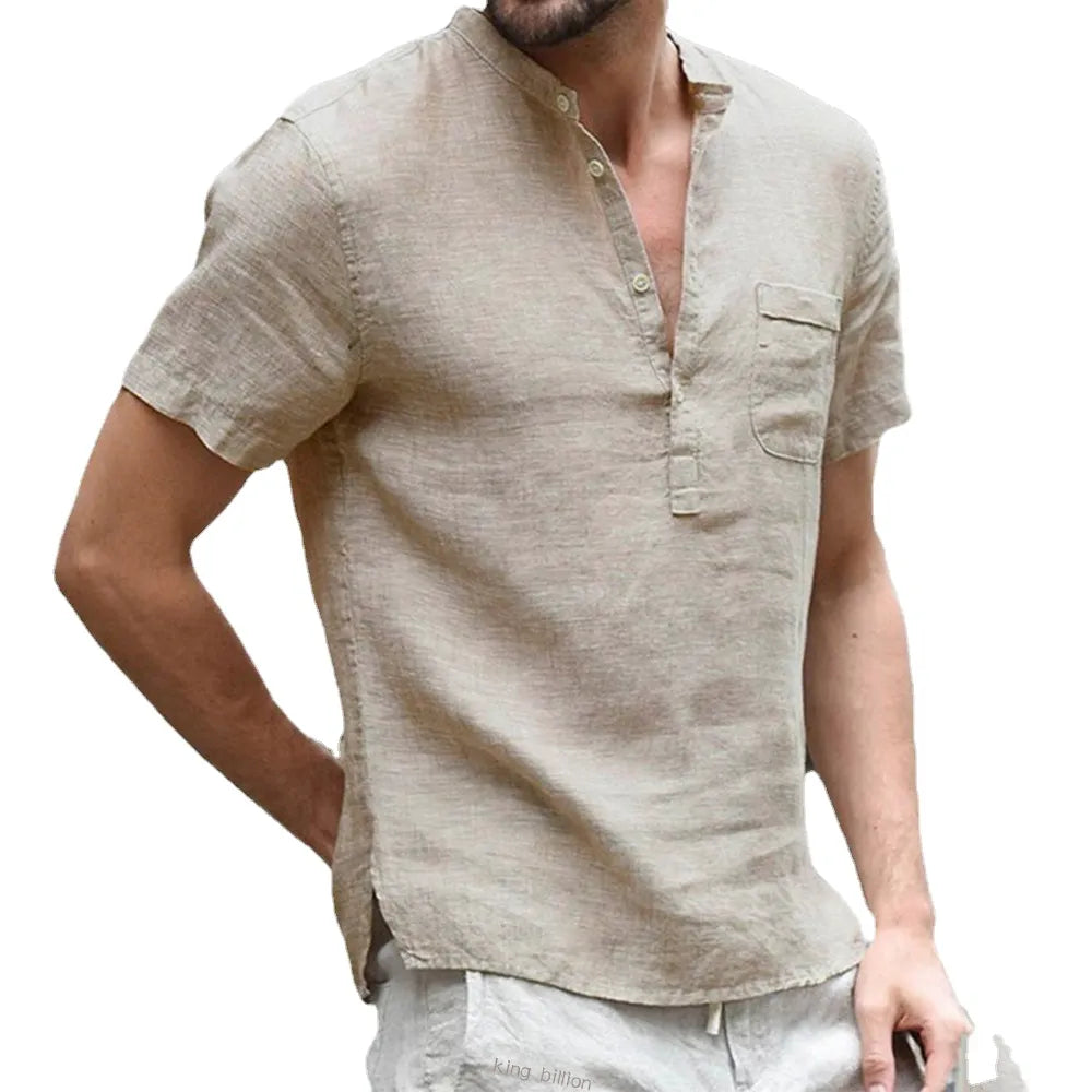 Short Sleeved Casual Mens T Shirt Cotton and Linen Breathable