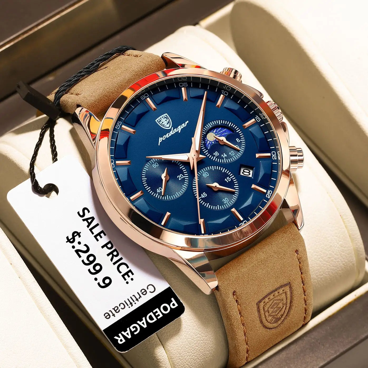 Mens Quartz Watch Sports Leather Waterproof Luminous Calendar Chronograph