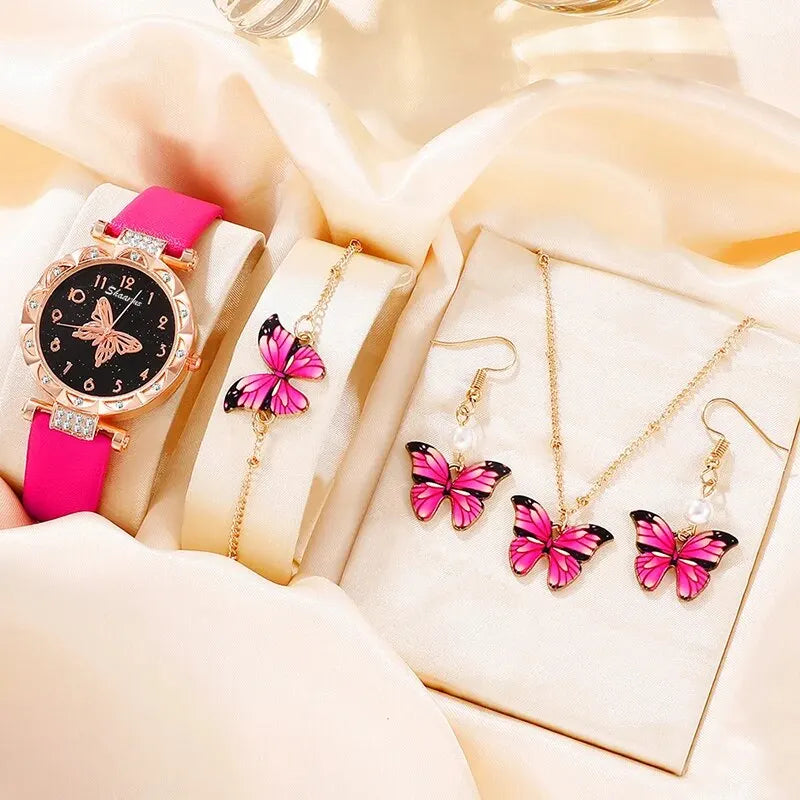 Womens Fashion Quartz Watch Butterfly Design Earrings Necklace Bracelet Set