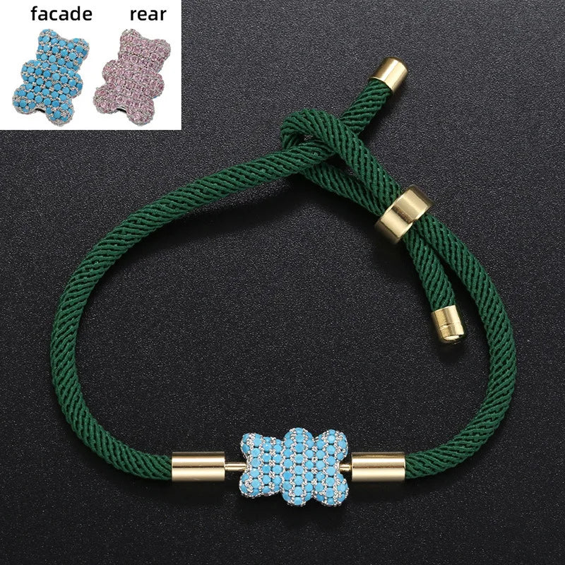 Cute Bear Micro Inlaid Zircon Braided Rope Bracelets for Friends Couple