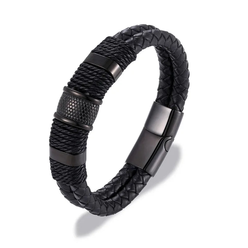 Punk Men Braided Leather Stainless Steel Magnetic Buckle Bracelet