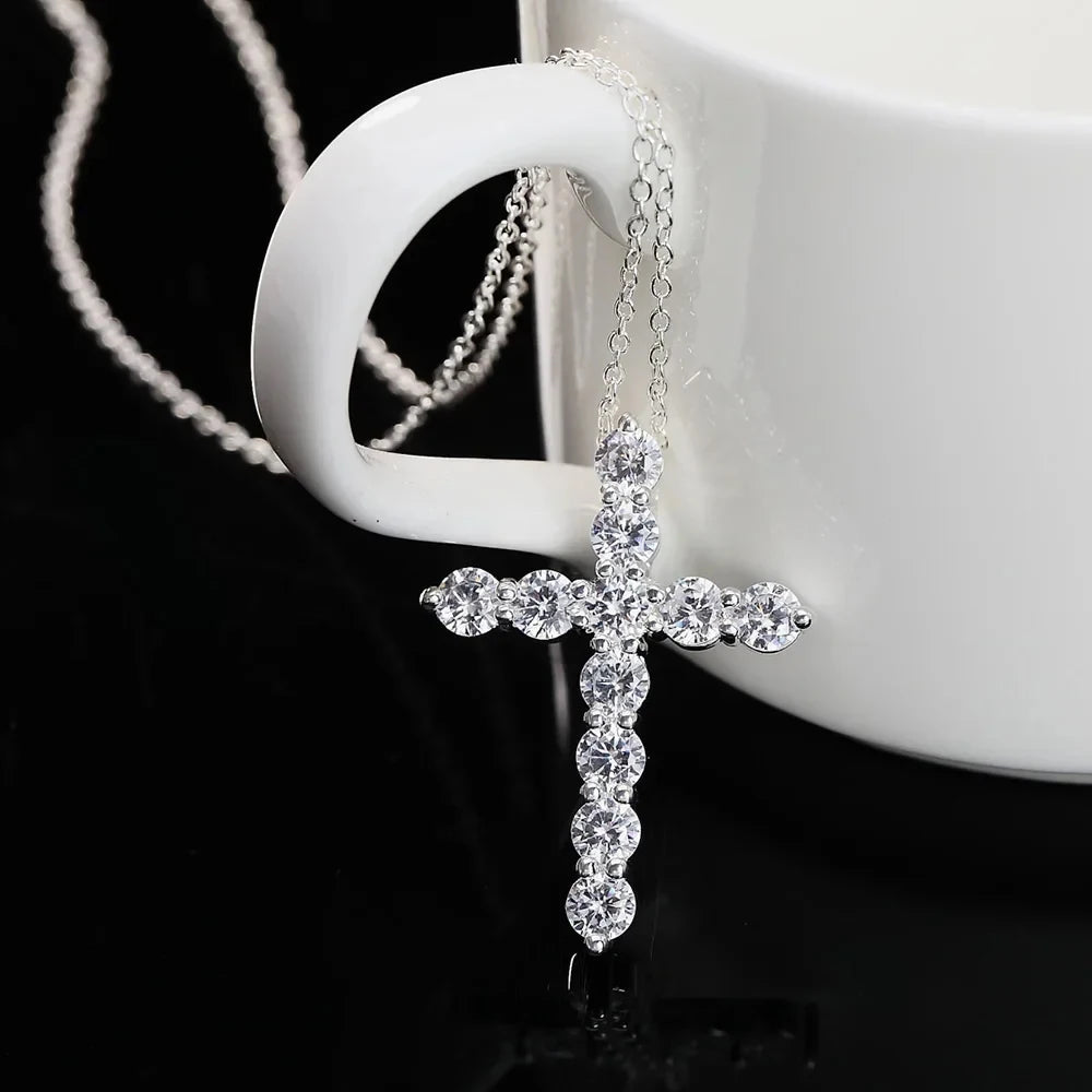 Women Cross Crystal Zircon Stone Pendant 925 Sterling Silver Necklace