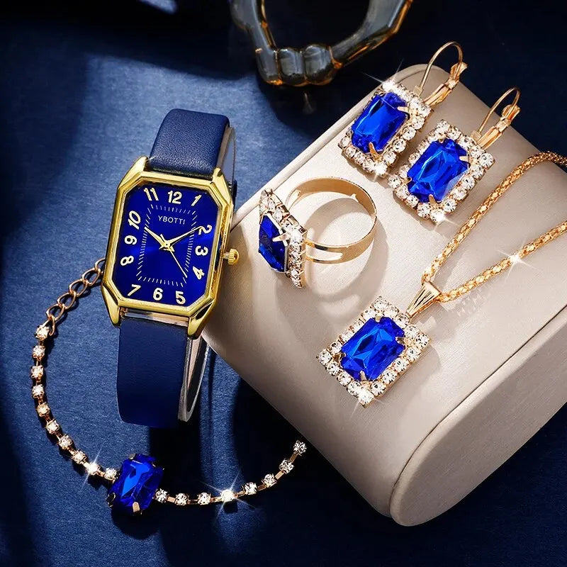 Square Womens Blue Leather Band Watch Jewelry Set