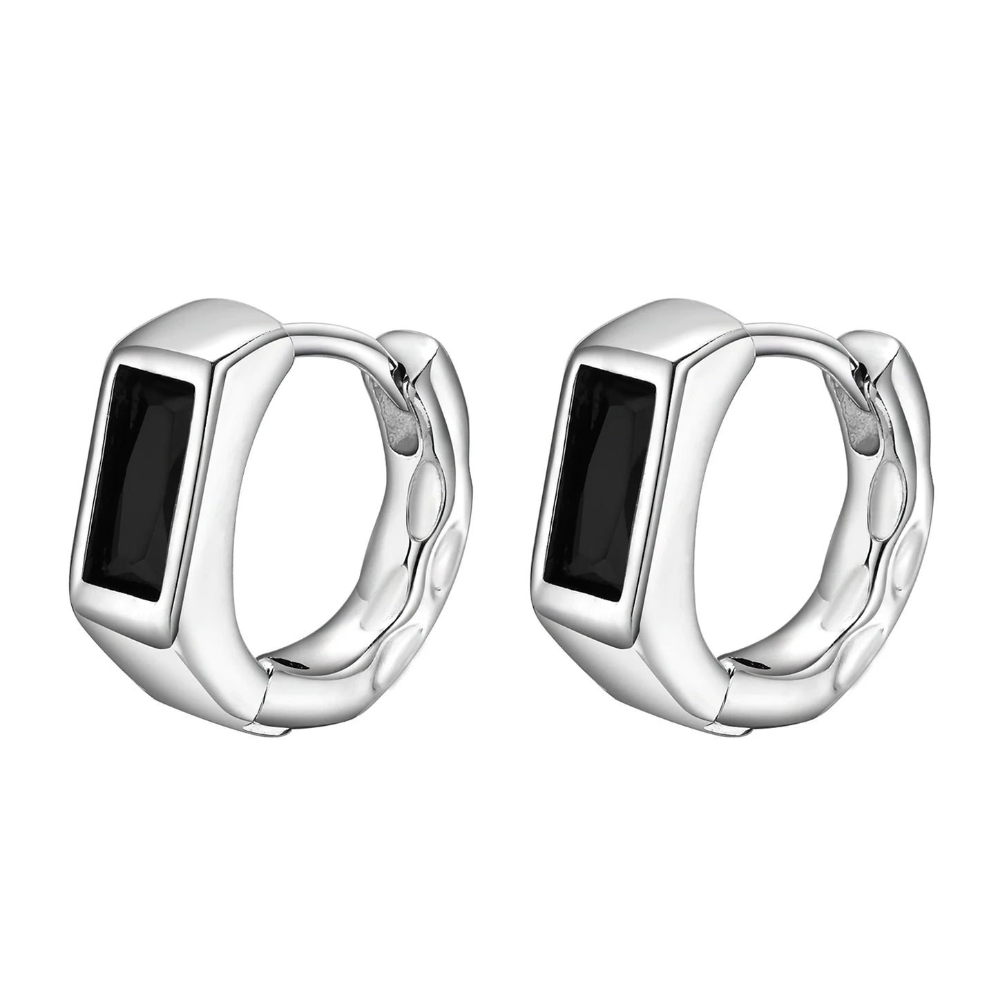 Geometric Black Stone Earrings for Men Silver Color Metal Hoop Earring