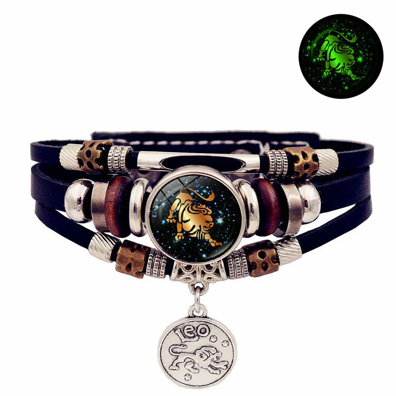 Luminous 12 Constellation Vintage Leather Bracelet for Men Women