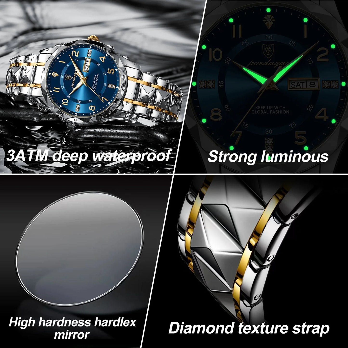 Mens Quartz Watch Stainless Steel Waterproof Luminous