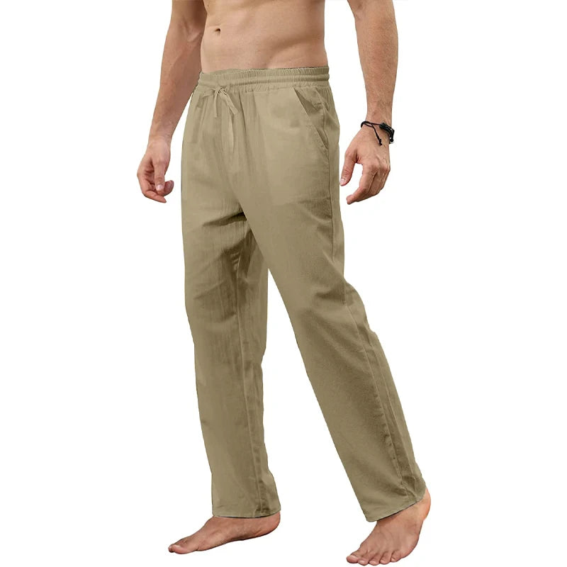 Mens Cotton Linen Casual Pants Loose Breathable Solid Color