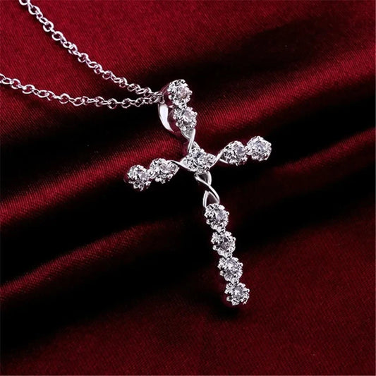 925 Sterling Silver Crystal Cross Womens Necklace