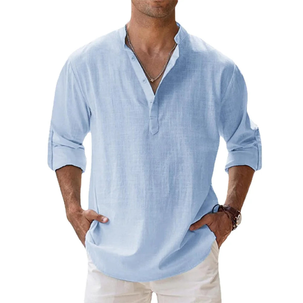 Cotton Linen Shirts for Men Lightweight Long Sleeve Henley Beach Shirts