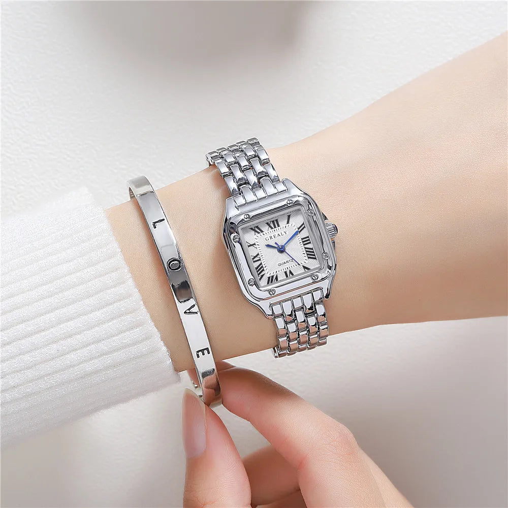 Womens Fashion Square Watch Alloy Strap Luxury Ladies Quartz Wristwatches