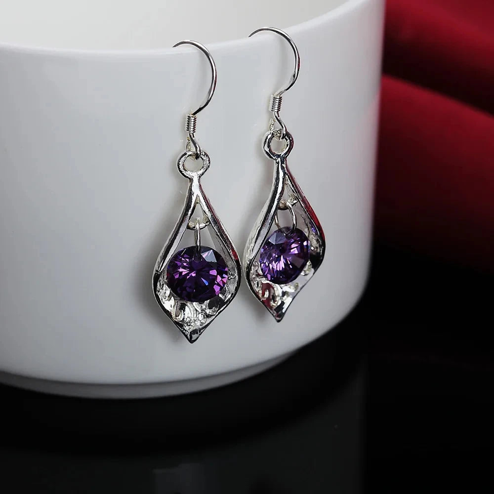 Pure 925 Sterling Silver Earrings Elegant Woman Crystal Amethyst Shell